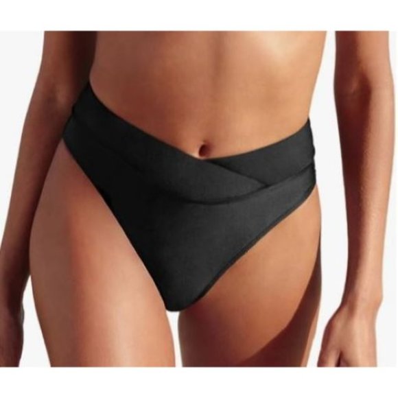 CUPSHE Women's small Swimsuit ASB0129BB Black High Waist High Cut Cheeky Bottom - Picture 1 of 4